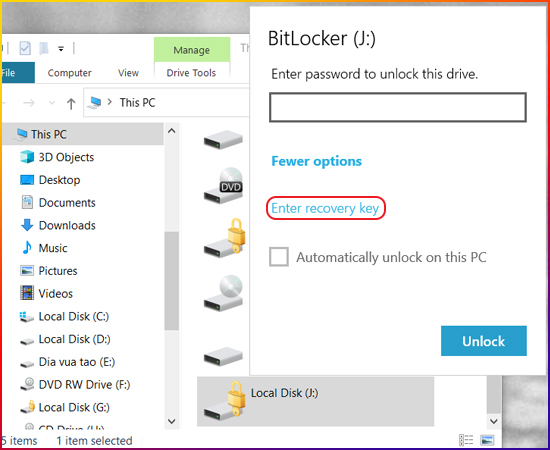 Tiếp theo chọn Enter recovery key.